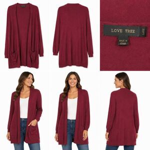 Love Tree Maroon Open Front Long Cardigan Large